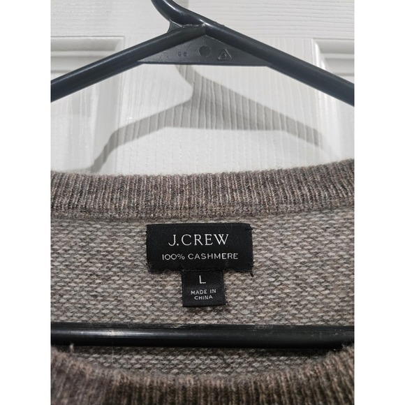 J.Crew 100% Cashmere Sweater Large Taupe Brown Birds Eye Knit Crewneck FLAWED - Picture 2 of 6